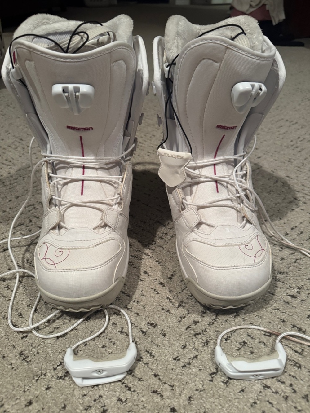 Salomon White Snowboard Boots with Pink Accents